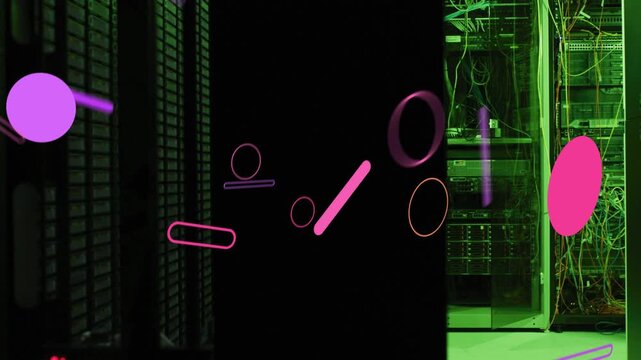 Purple oval popping in black band neon shapes popping sliding showing network flow over rack cables