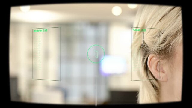 Woman moving into HUD for surveillance, camera pan, animated reticle tracking eye near RADAR_LOG