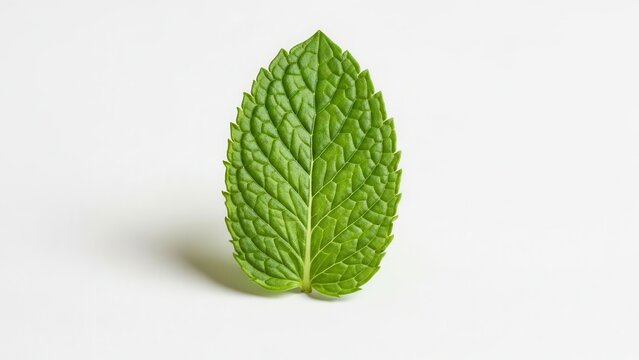 Vibrant single fresh mint leaf with intricate veins casting a soft shadow on a pristine white