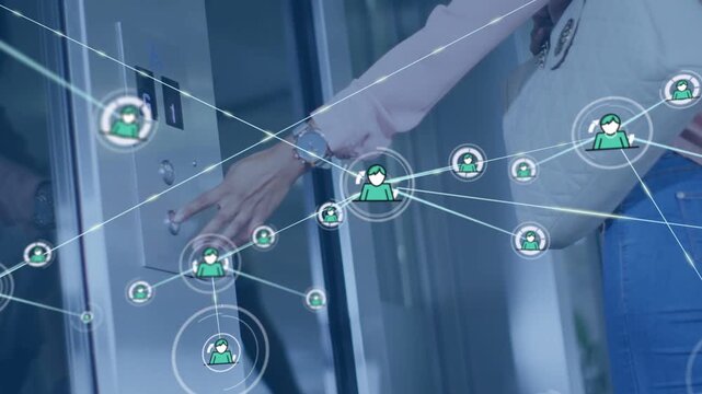 Woman pressing elevator button to call lift, sparking tech avatar network spreading over doors