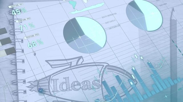 Camera panning across notebook, charts rising and visualizing business ideas on rocket sketch