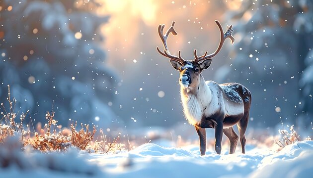 A serene reindeer stands in a snowy forest