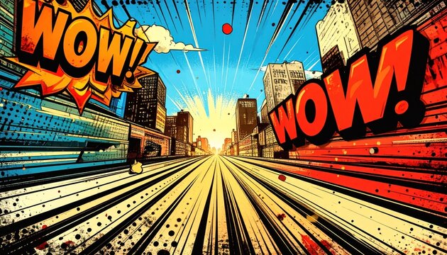 High-energy graphic novel street view, bursting with vibrant colors and powerful 'WOW!' exclamations, capturing urban dynamism and excitement
