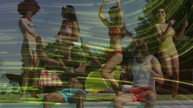 Six friends starting music, dancing at pool edge for marketing content with green yellow streaks