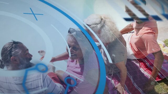 Animated blue circle sweeping away, four friends passing snack and raising rose glass for marketing