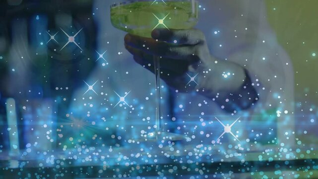 Friends entering fringe, moving to bar for event, bartender pouring coupe, sparkle overlaying