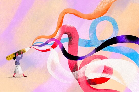 Colorful Creative Lines Flowing from a Pencil Held by a Woman
