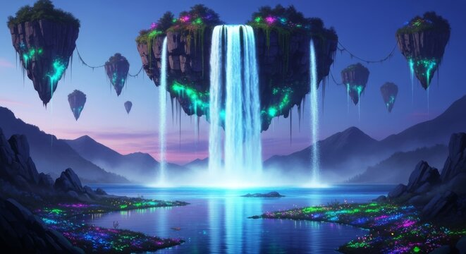 A colossal waterfall cascades from floating celestial islands into a luminous crystalline lake surrounded by glowing flora and deep mist, scenic, jungle, magic