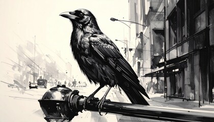 Obraz premium Black crow observing the city from a perch on a metallic pole, a moody and atmospheric monochrome illustration depicting urban life and nature's quiet presence