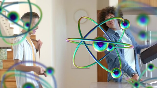 Two roommates entering carrying bags, unpacking while tech 3D atom graphic overlaying frames