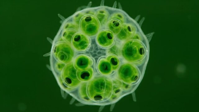 Microscopic View of Volvox Algae Colony with Daughter Cells