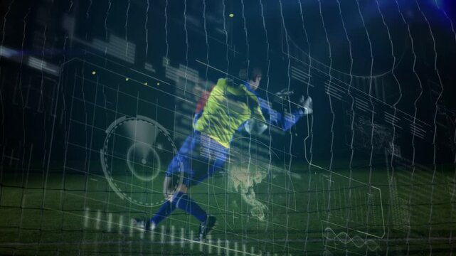 Soccer attacker striking ball to score, HUD overlaying pitch while keeper diving left, keeper down