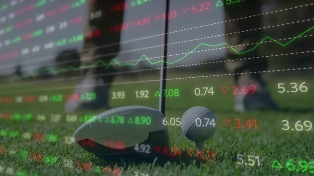 Male golfer shifting, swinging club striking ball to drive while stock tickers overlaying scene