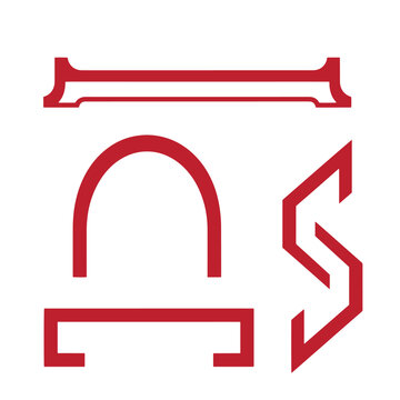 Red architectural on white background, including arch, lintel, and decorative trim architectural arch