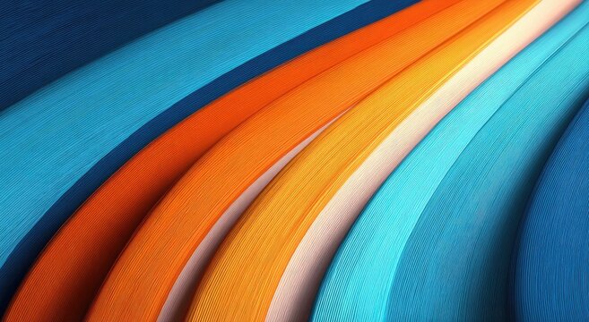 Layered, textured stripes in blue, orange, and yellow curve diagonally upward