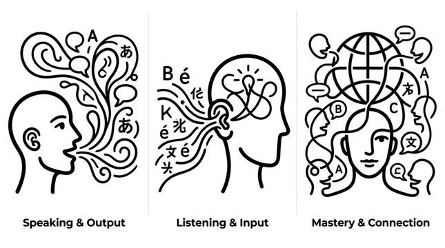 Language Learning Concepts - Speaking, Listening, and Mastery Illustrated.