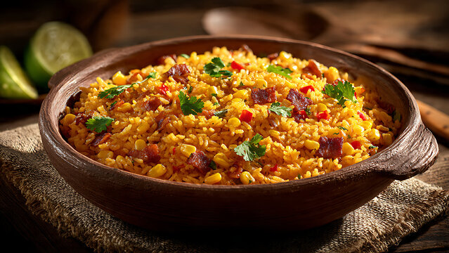 Realistic Food Photography of Cuban Arroz con Maiz Yellow Rice with Corn and Bacon