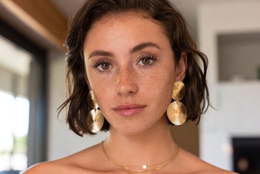 Portrait of a Young Woman with Brown Hair and Earrings in Casual Sundress: Natural Beauty and Freckles in Indoor Setting with Soft Focus and Cozy Atmosphere