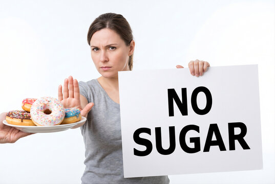 Determined woman holding no sugar sign and refusing donuts for 30 day no sugar challenge healthy lifestyle concept on white background