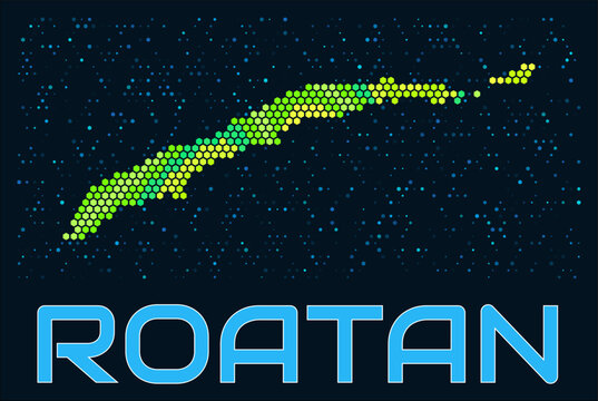 Roatan hexagon dots map. Honduras. Digital style shape of the island. Roatan map and title. Tiny green colored hexagons, sparse blue dots at background. Vector Illustration.