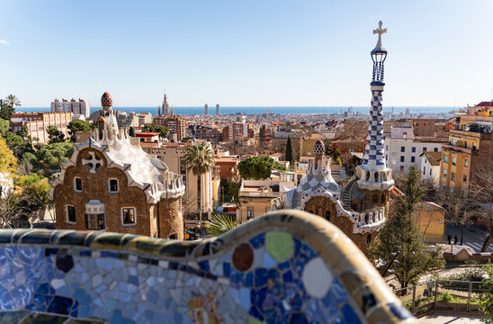 Barcelona cityscape from Parc G&uuml;ell. Travel, Spain