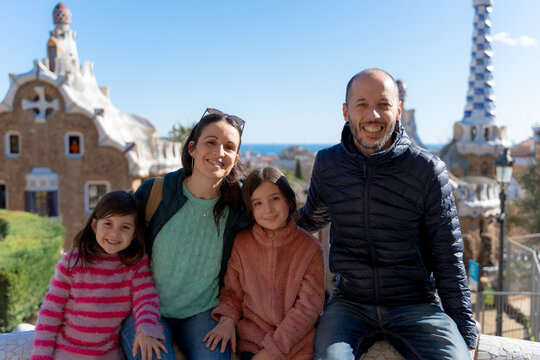 Family Visit to Park Guell in Barcelona. Travel Spain