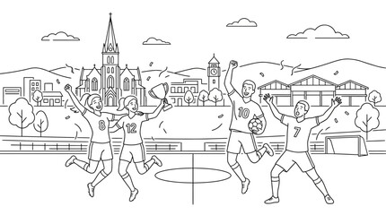 Naklejka premium Joyful Soccer Team Celebrating Victory with Raised Arms and Cheers.