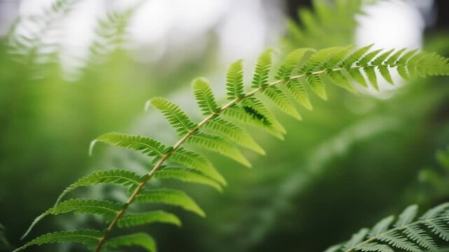 Close up of a vibrant green fern frond with soft bokeh background.