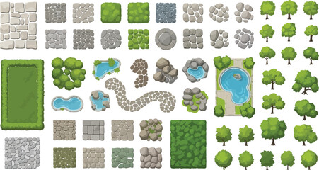 Fototapeta premium Top down view vector illustration set of landscape design elements including trees ponds stone paths grass and garden textures for map design