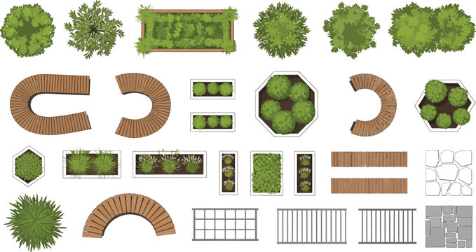 Top view landscape architecture vector elements collection featuring trees bushes wooden benches and garden design symbols for professional site planning.