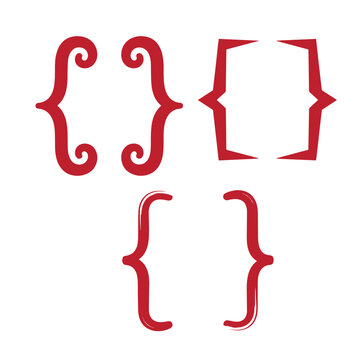 Red curly and straight bracket on white background, brackets braces
