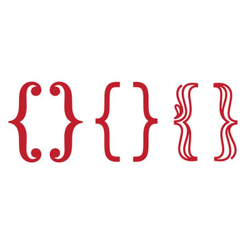 Red curly bracket on white background, four variations curly brackets bracket curly braces swirly brackets