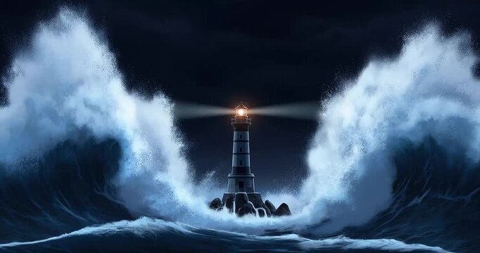 Stormy lighthouse amidst crashing waves with lightning