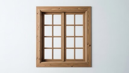 Fototapeta premium Traditional wooden casement window frame with multiple panes against a clean white wall interior