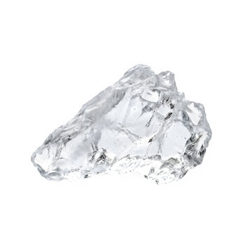Transparent chunk of crushed ice showing detailed crystalline structures and sharp edges