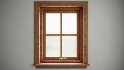 Fototapeta premium Tasteful wooden window frame with frosted glass panes on a neutral grey wall, emphasizing