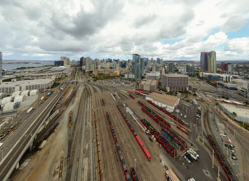 Aerial View of MTS 12th and Imperial Transit Center Rail Yard San Diego