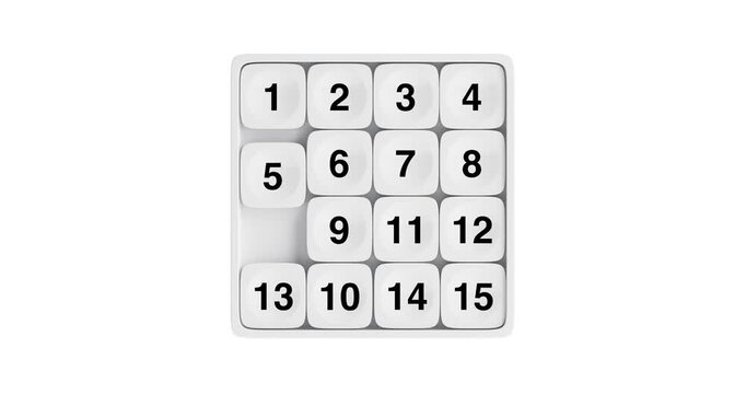 4k Resolution Video: Logic And Problem Solving Concept. Numeric Sliding Puzzle Board With Rearranged Tiles And One Empty Space Animated on White Background With Alpha Matte