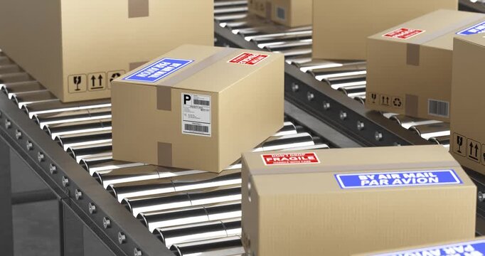 4k Resolution Video: Airmail Shipping And Fragile Delivery Concept With Cardboard Boxes On Conveyor. Parcels With Postal Labels Animated Moving Along Industrial Rollers In Warehouse Extreme Closeup