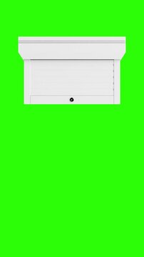 4k Resolution Video: Industrial Access And Security Concept. Minimal White Roller Garage Door Animated in Closed and Open Position On Green Screen Chroma Key Background With Alpha Matte