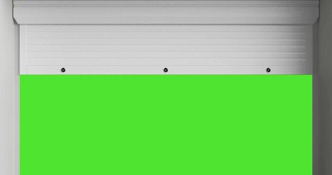 4k Resolution Video: Industrial Storage And Security Concept. Metal Roller Garage Door On Brick Wall Exterior With Clean Minimal Surroundings Open Animated And Reveal Green Screen Chroma Key 