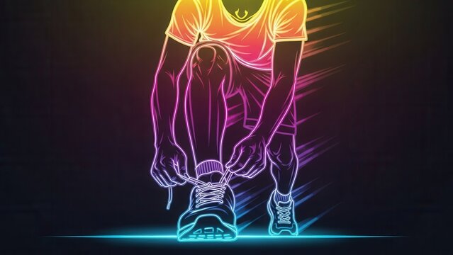 Vibrant neon runner tying shoelaces preparing for an energetic workout session