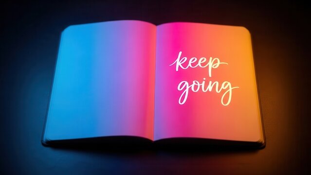 Vibrant open book with motivational message "keep going" illuminated by colorful gradient light