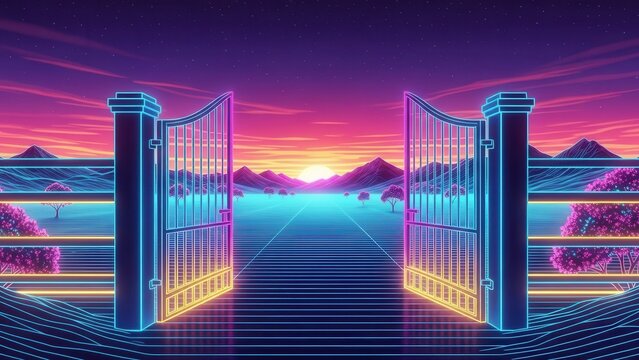 Open neon gates beckon into a vibrant retrowave digital landscape at a spectacular synthwave sunset