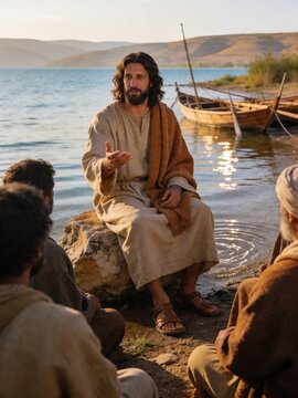 Ancient Prophet Jesus Teaching a Crowd by the Sea of Galilee Shoreline