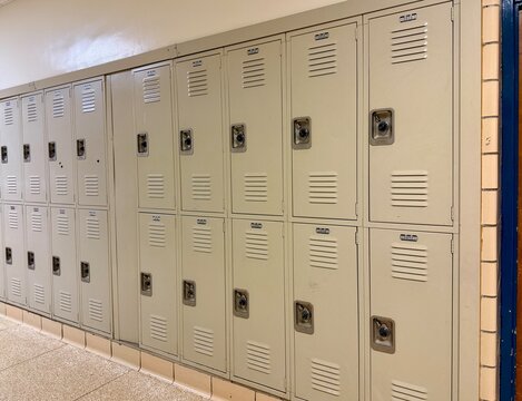 Background of steel metal double row school locker room lockers
