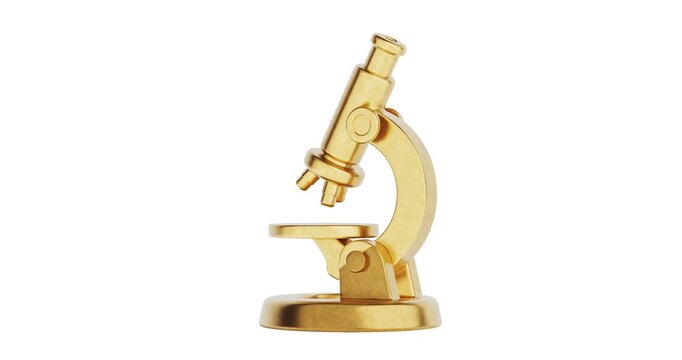 4k Resolution Video: Science And Education Concept With Cartoon Microscope Icon. Golden Stylized Microscope Seamless Looped Rotating On White Background With Alpha Matte