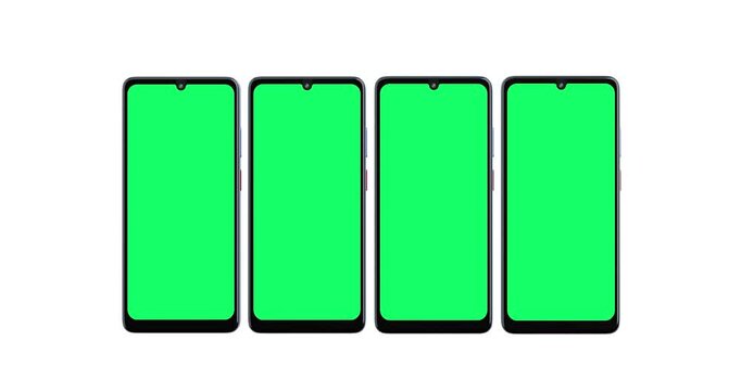 4k Resolution Video: Mobile Technology And App Presentation Concept. Four Smartphone Devices With Green Chroma Screen Mockup Animated Moving on White Background With Alpha Matte