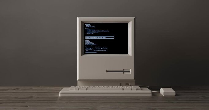 4k Resolution Video: Vintage Computing And Programming Nostalgia. Retro Desktop Computer With Animated Code On Screen Over Wooden Table In Dark Interior