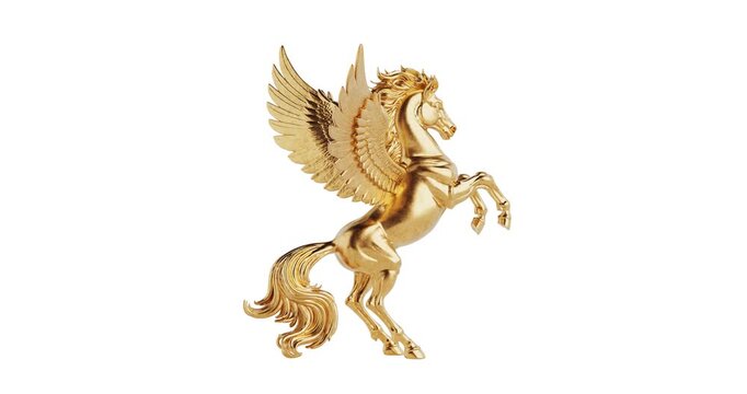 4k Resolution Video: Mythical Freedom And Power Symbol. Golden Winged Pegasus Rearing With Spread Wings Seamless Looped Rotating On White Background With Alpha Matte